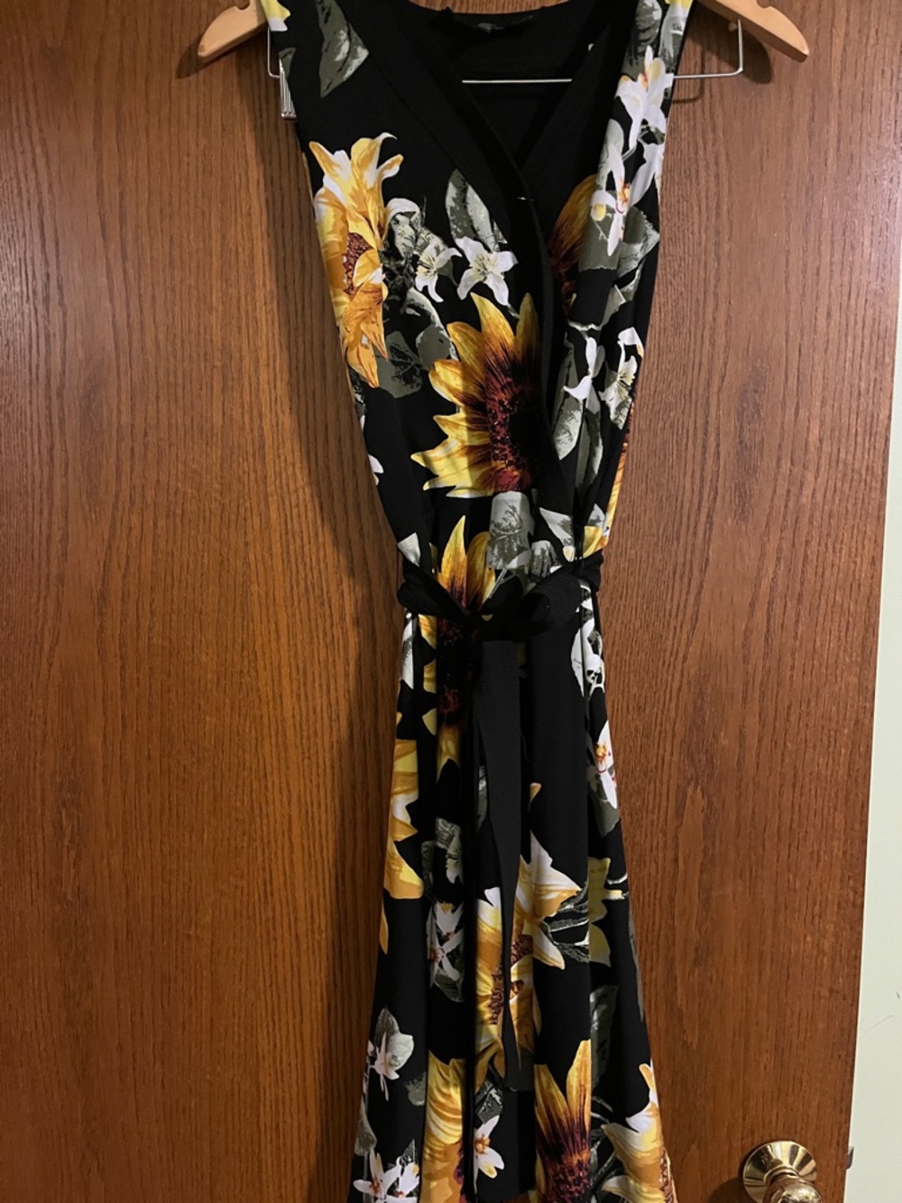 White House Black Market Black Floral Wrap Dress with Yellow Sunflowers